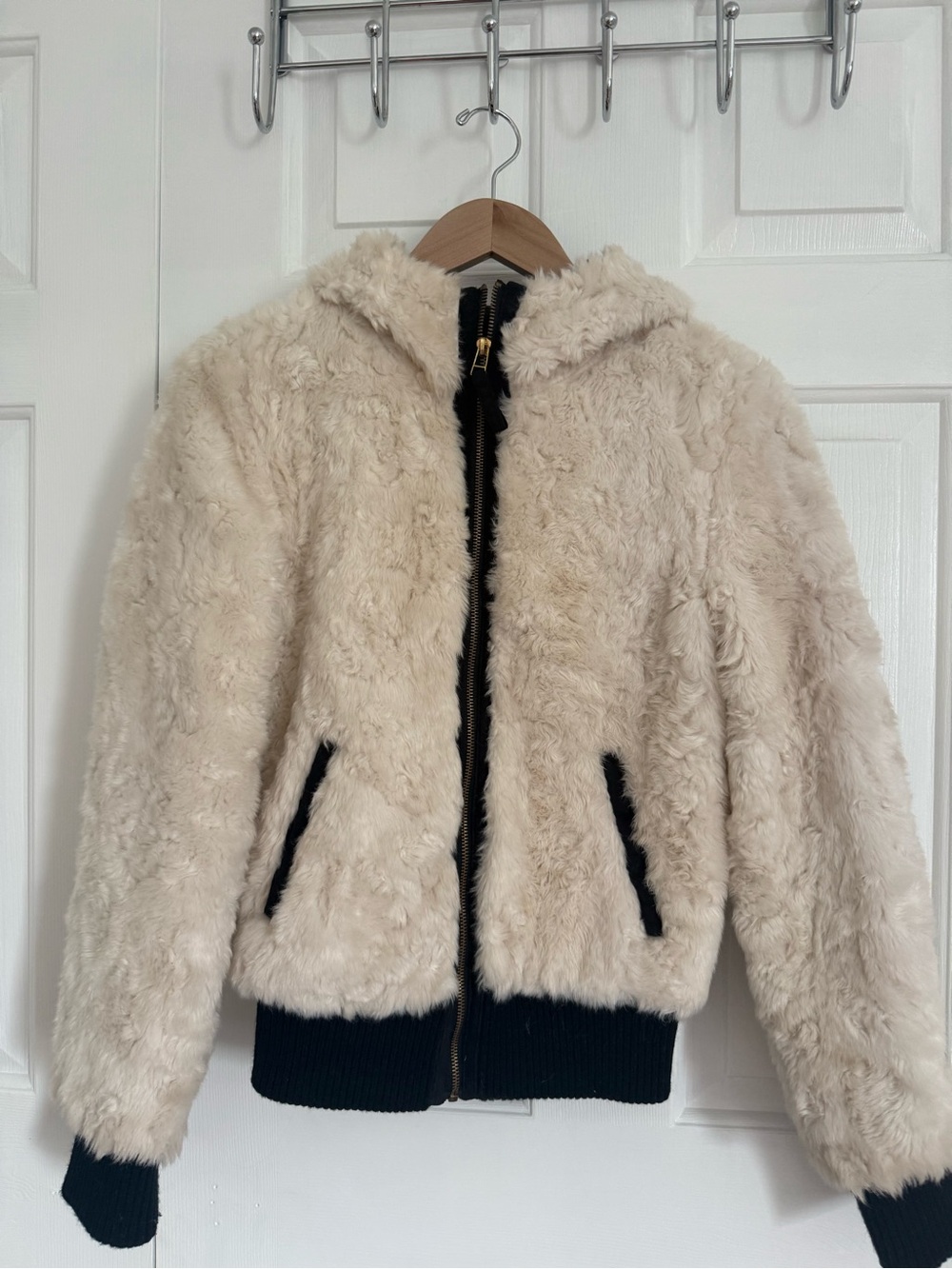 Plush Faux Fur Zip Hoodie Jacket in Cream with Black Trim
